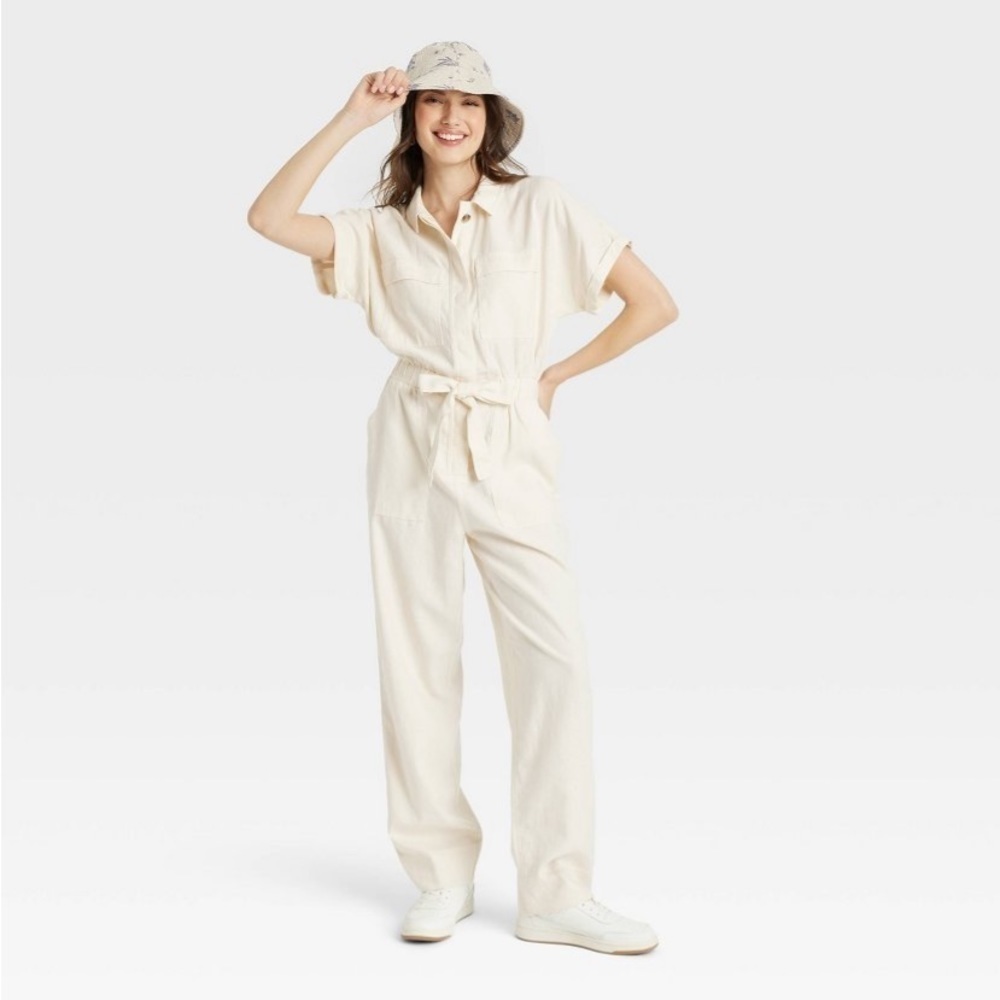 Women's Short Sleeve Linen Boilersuit -
Universal Thread™ Cream 12